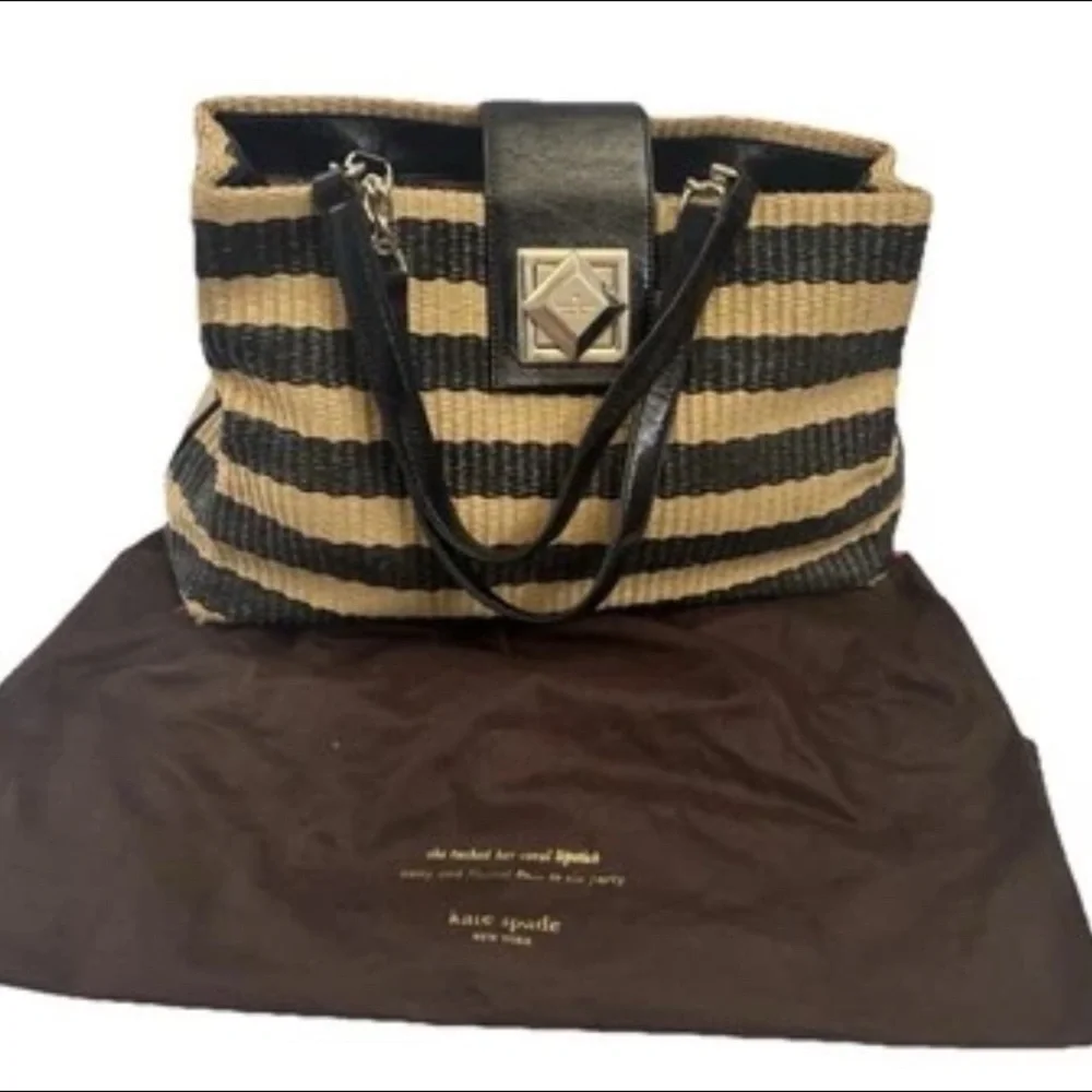 Kate spade Handbag Satchel Straw Leather Shoulder Bag Black Camel Striped